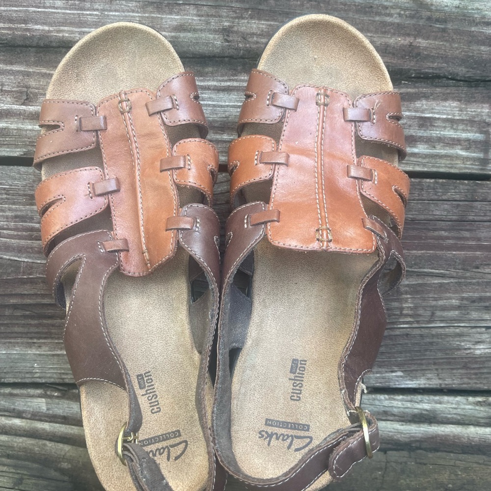 Clarks Tan and Brown Leather Sandals